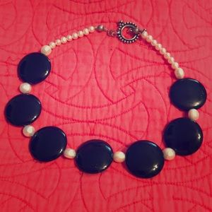 Cultured pearl and black disk necklace